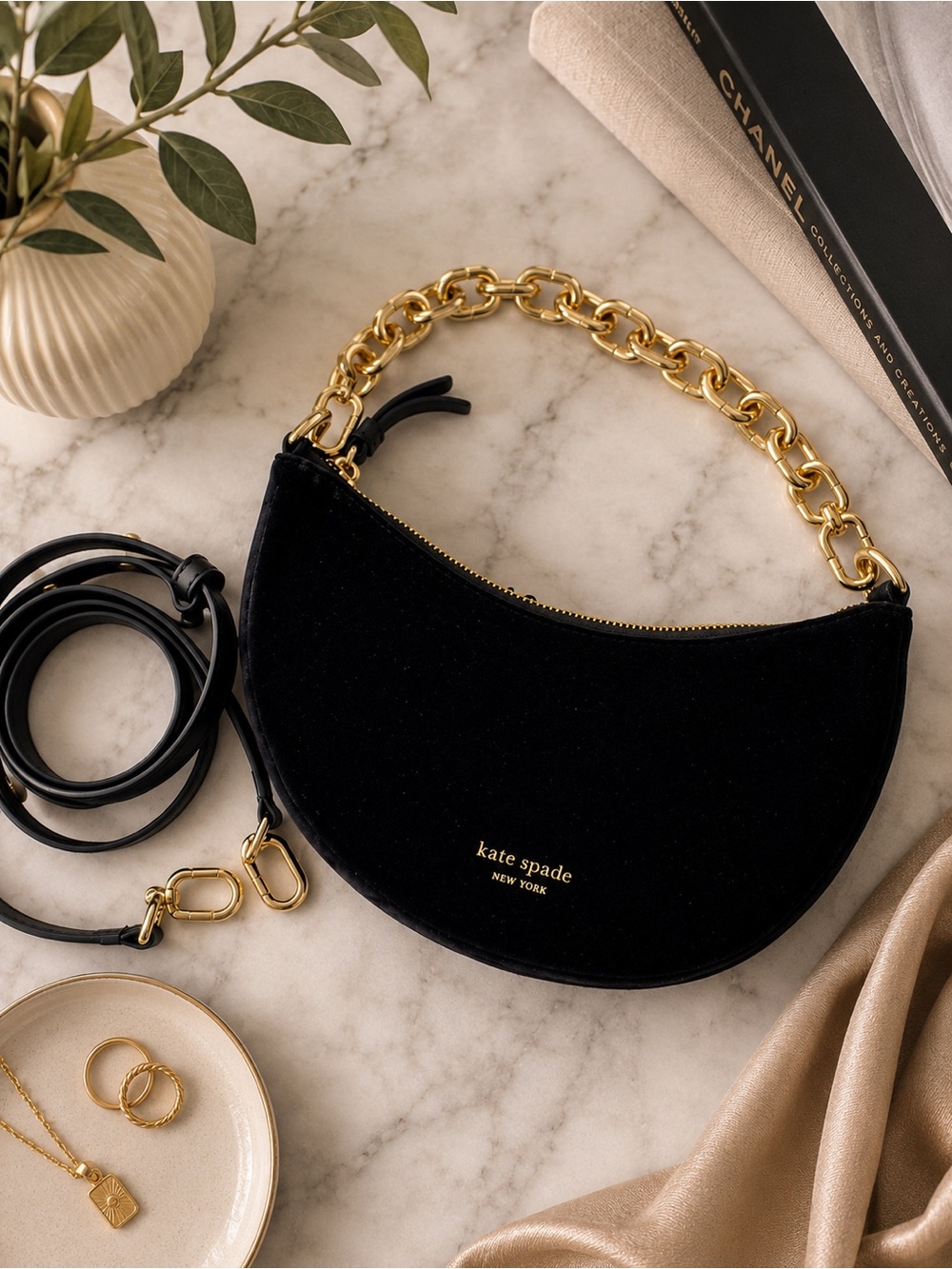 Kate Spade New York Smile Small Velvet Crossbody with gold chain and long strap